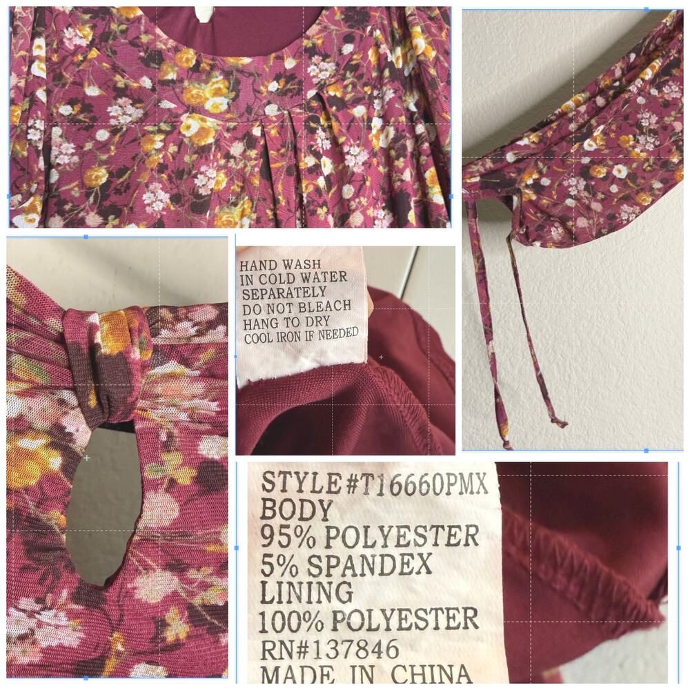 Stem & Vine Floral Peasant Blouse 2X Burgundy Boho Balloon Sleeve Plus - Picture 4 of 13